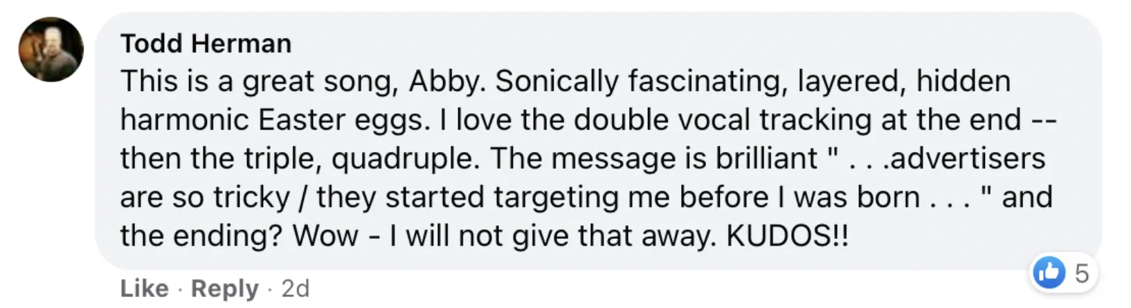 Screenshot of a social media comment by Todd Herman, expressing his admiration for Abby London's song, highlighting the impactful nature of her musical choices and her message