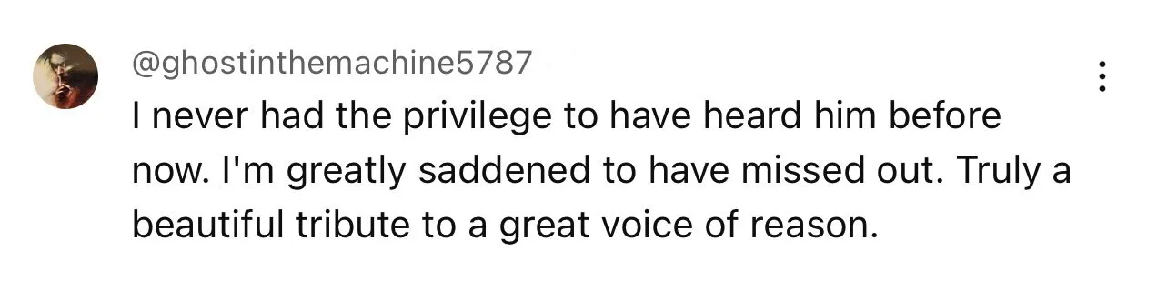 Screenshot of a social media comment praising Abby London's tribute to Conservative talk show host Dori Monson as a 'beautiful tribute to a great voice of reason', recognizing the meaningfulness of her music.