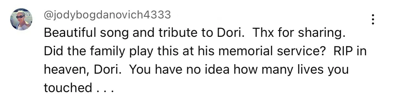 Screenshot of a social media comment complimenting Abby London's tribute to Conservative talk show host Dori Monson as a 'Beautiful song and tribute to Dori', signifying the resonance of her music with listeners.