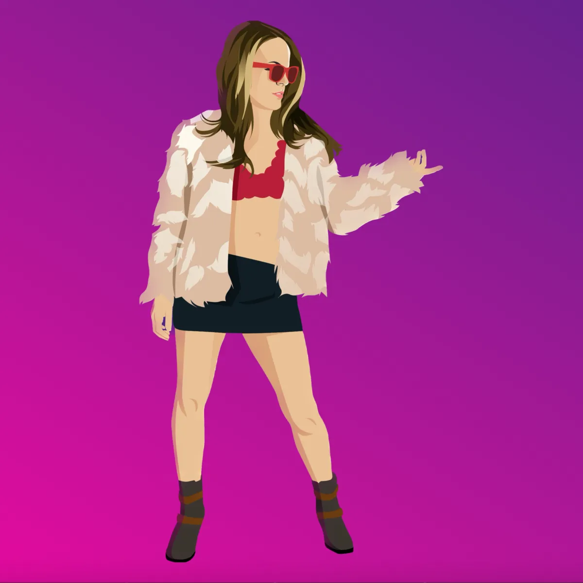 Cartoon-styled image mimicking oil painting of political anti-pop singer-songwriter Abby London, characterized by her striking pose, capturing her dynamic persona and artistic style.