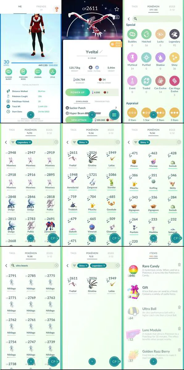 ✨ Pokémon Go Account ✨ Team Mystic Level 30 ✨36 Shiny ✨95 Legendary/ 14 Mythical Pokémon ✨ 3 Shiny Legendary [Shiny Yveltal + Shiny Giratina + Shiny Latias] ✨199 Pokémon ✨ 636K Stardust ✨ Bag Items 945 ✨ SKU314 ✨ Instant Delivery