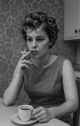 Kvinna från 60-talet som röker en cigarett och håller i en kaffekopp i köket.