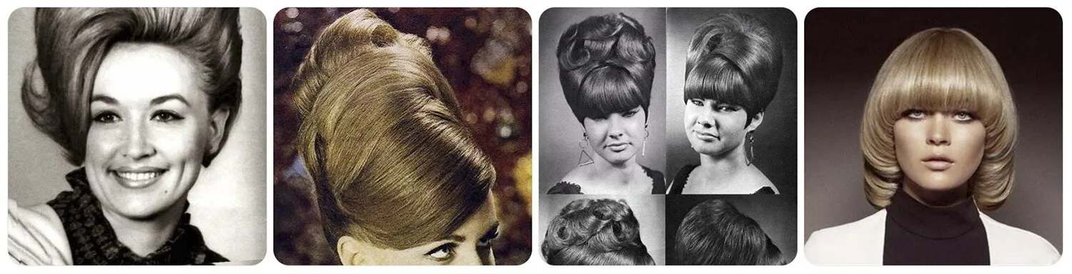 Fyra bilder som visar hur 60-talsfrisyrer såg ut efter att man haft papiljotter i håret