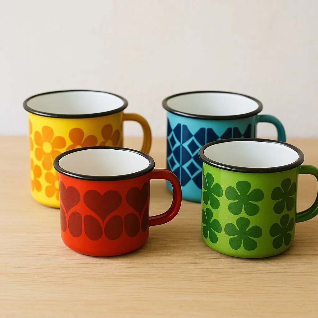 Fyra emaljmuggar från 60-talet står på ett bord