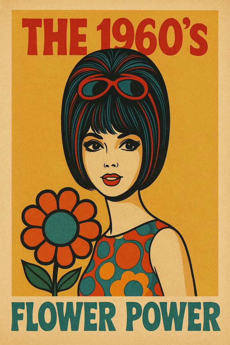 En retroposter på en kvinna med typiska 60-talselement