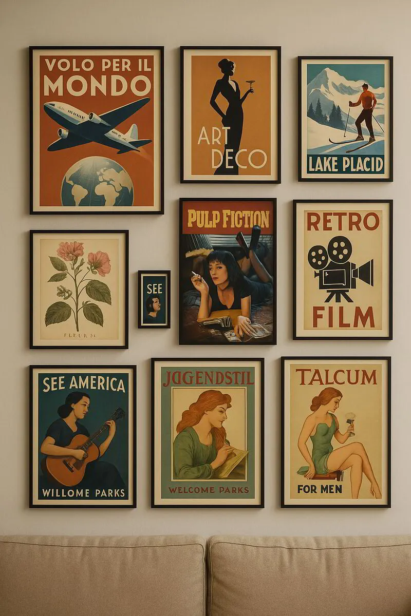 En vägg med retroplanscher på väggen