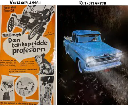 En original vintageplansch och en retroplansch bredvid varandra