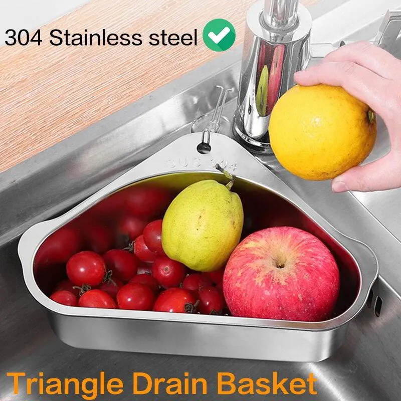 304 Stainless Steel Sink Basket Vegetable Fruit Filter Drain Triangle Sieve Rack Suction Cup Kitchen Drain Shelf Support Corner