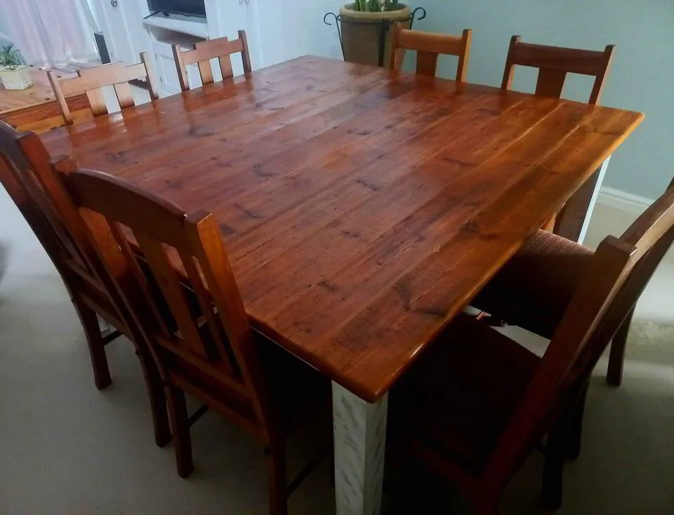 Oregon Pine Dining Table with 4 pairs of antique oak chairs