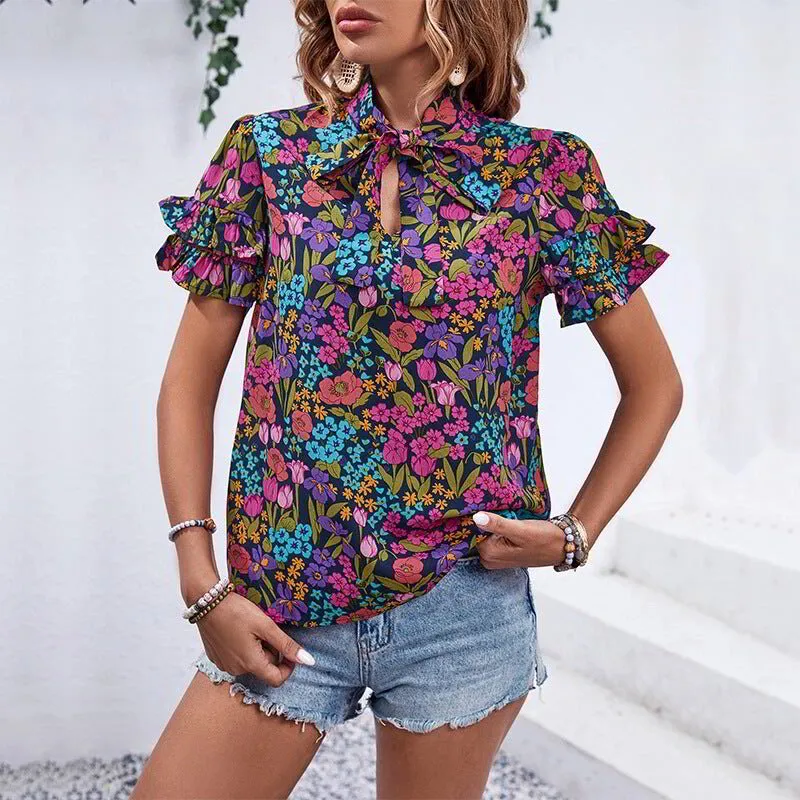 Floral Tie Neck + Ruffle Sleeve Blouse