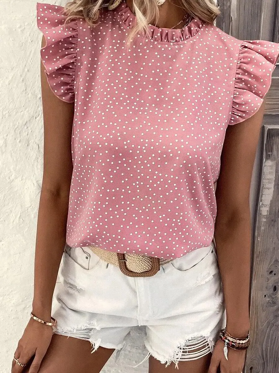 Pink Polka Dot Ruffle Sleeve + Frilled Neck Blouse