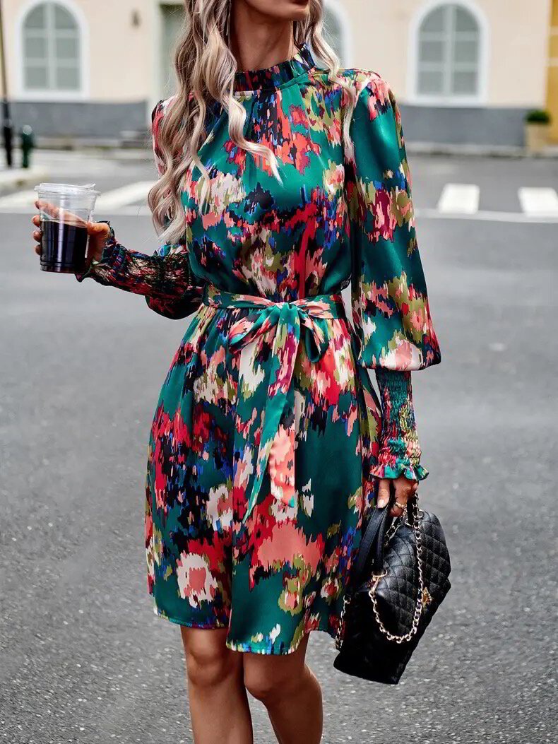 Abstract Print + Ruffle Sleeve Dress