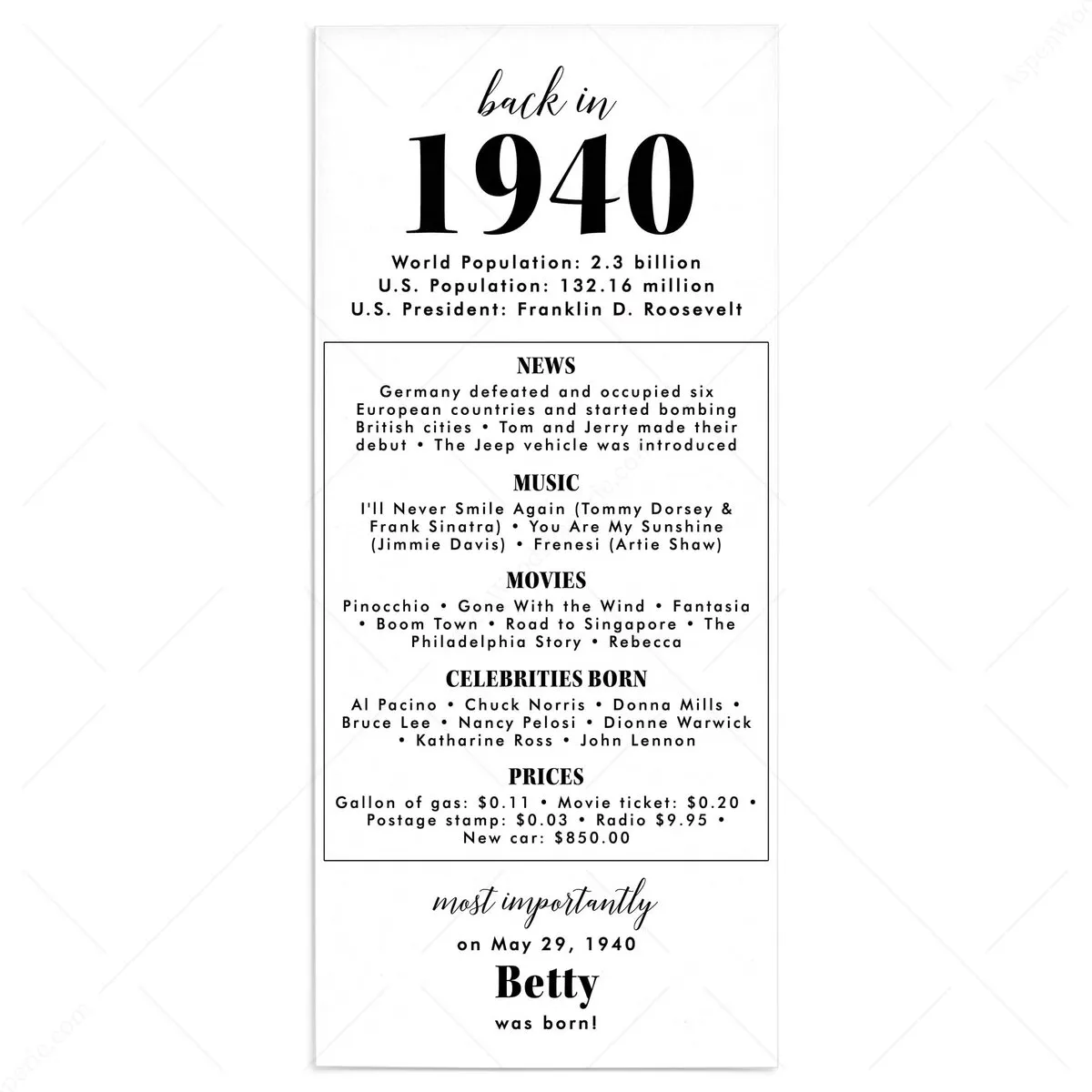 Birthday Party 1940 Trivia Card | Dinner Decor