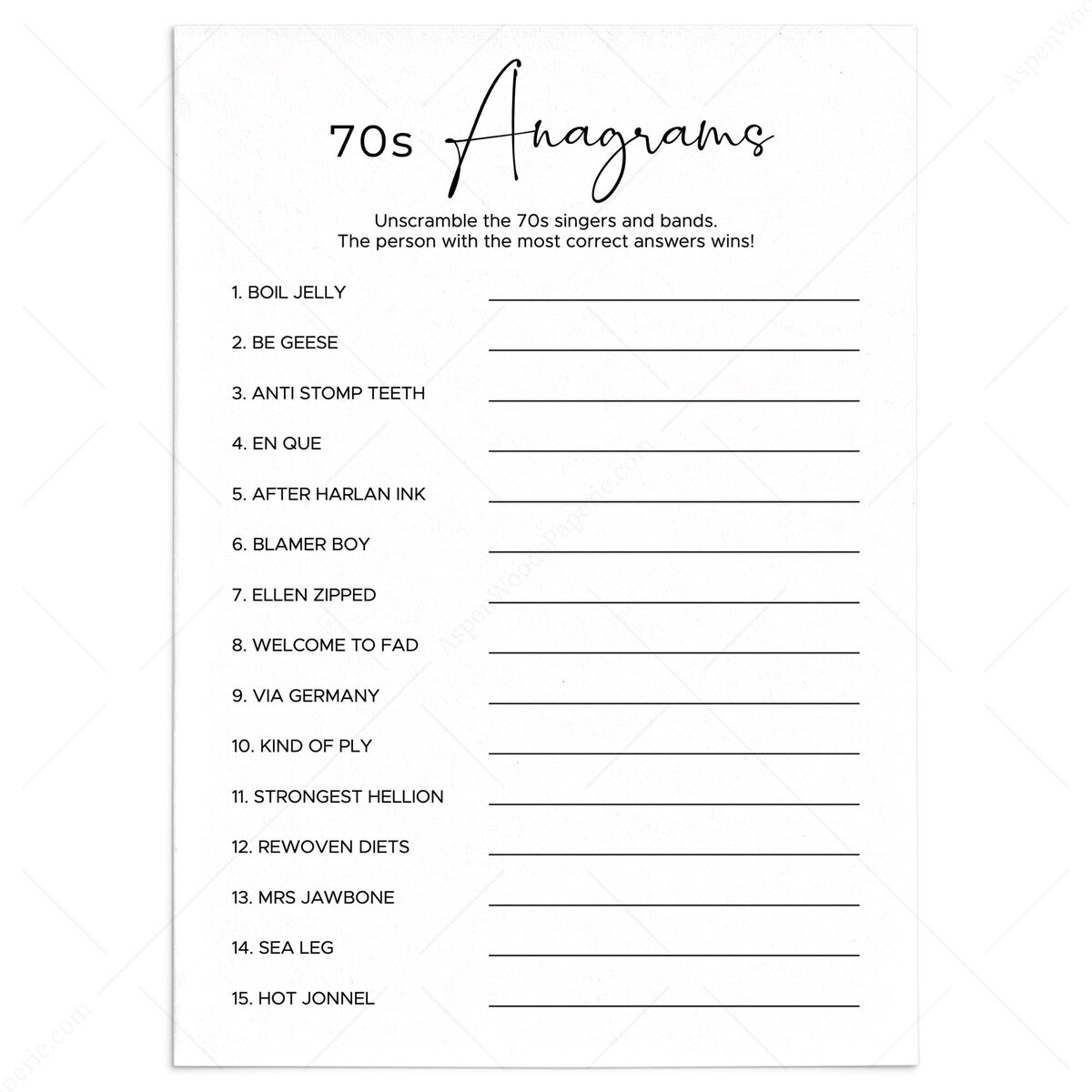 Unique Seventies Anagrams Game With Answer Key | Printable