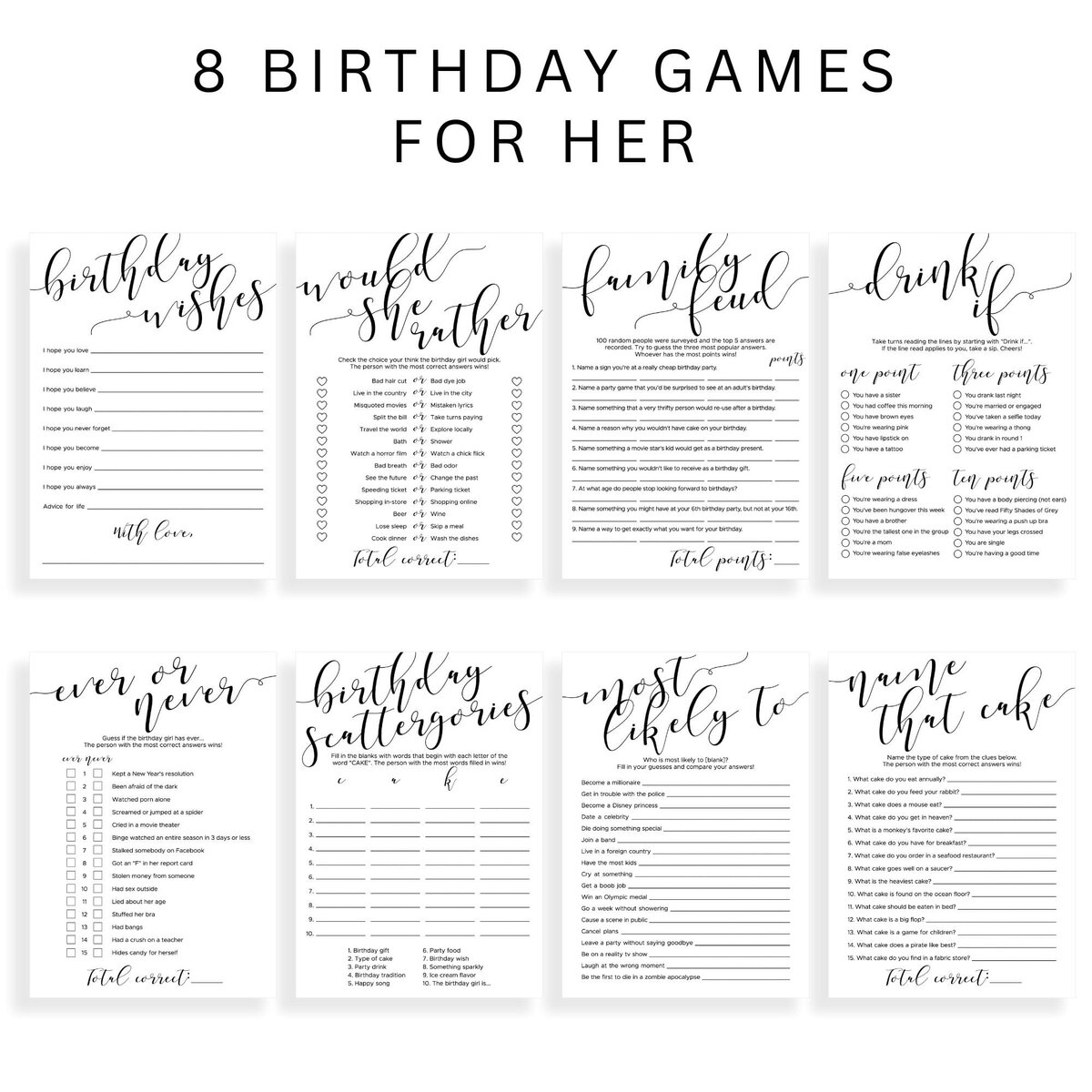 Black and White Birthday Game Templates | Womens Birthday