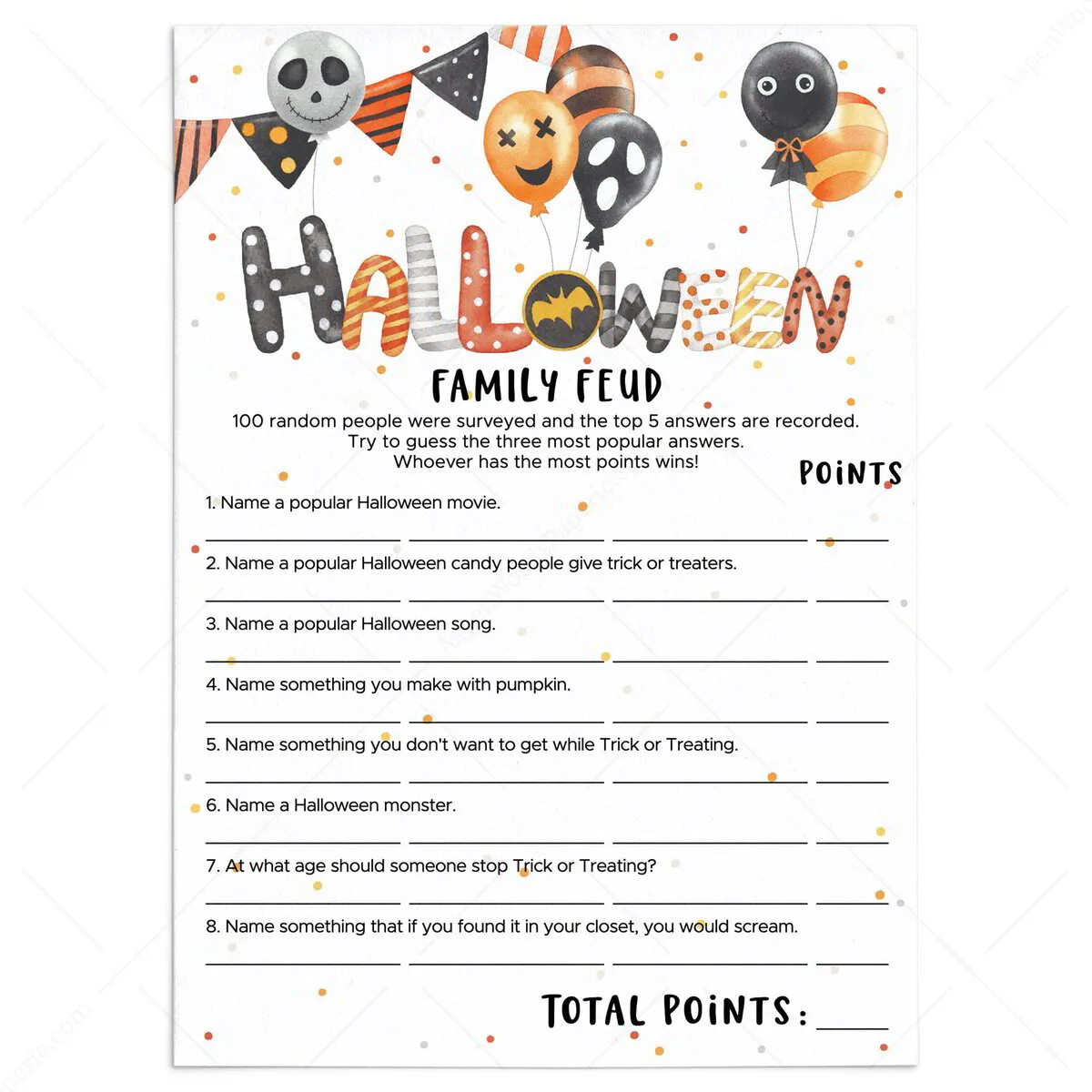 Halloween Family Feud Questions and Answers | Printable Game for Printable Free Funny Family Feud Questions And Answers Printable