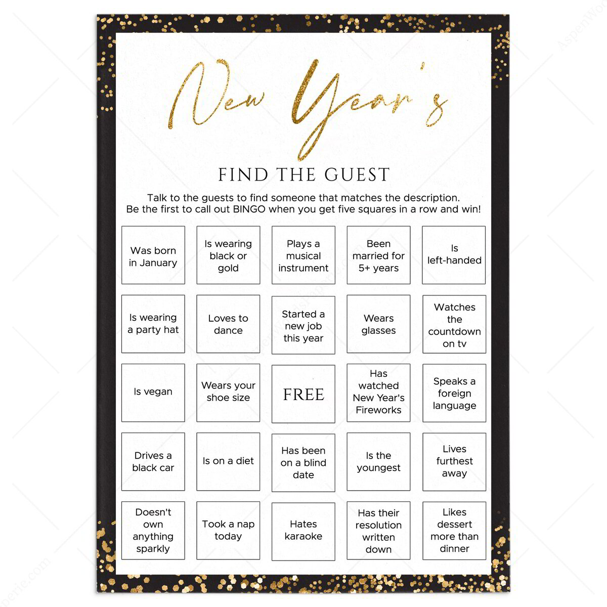 Find the Guest Bingo Printable | Elegant New Years Party Game