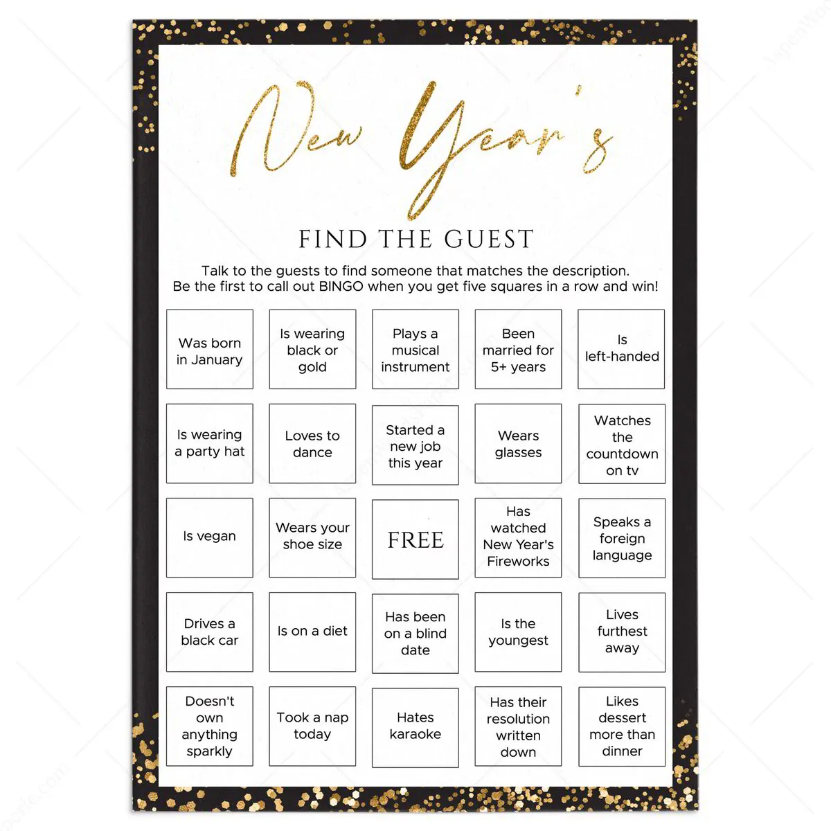 find the guest bingo printable | elegant new years party game