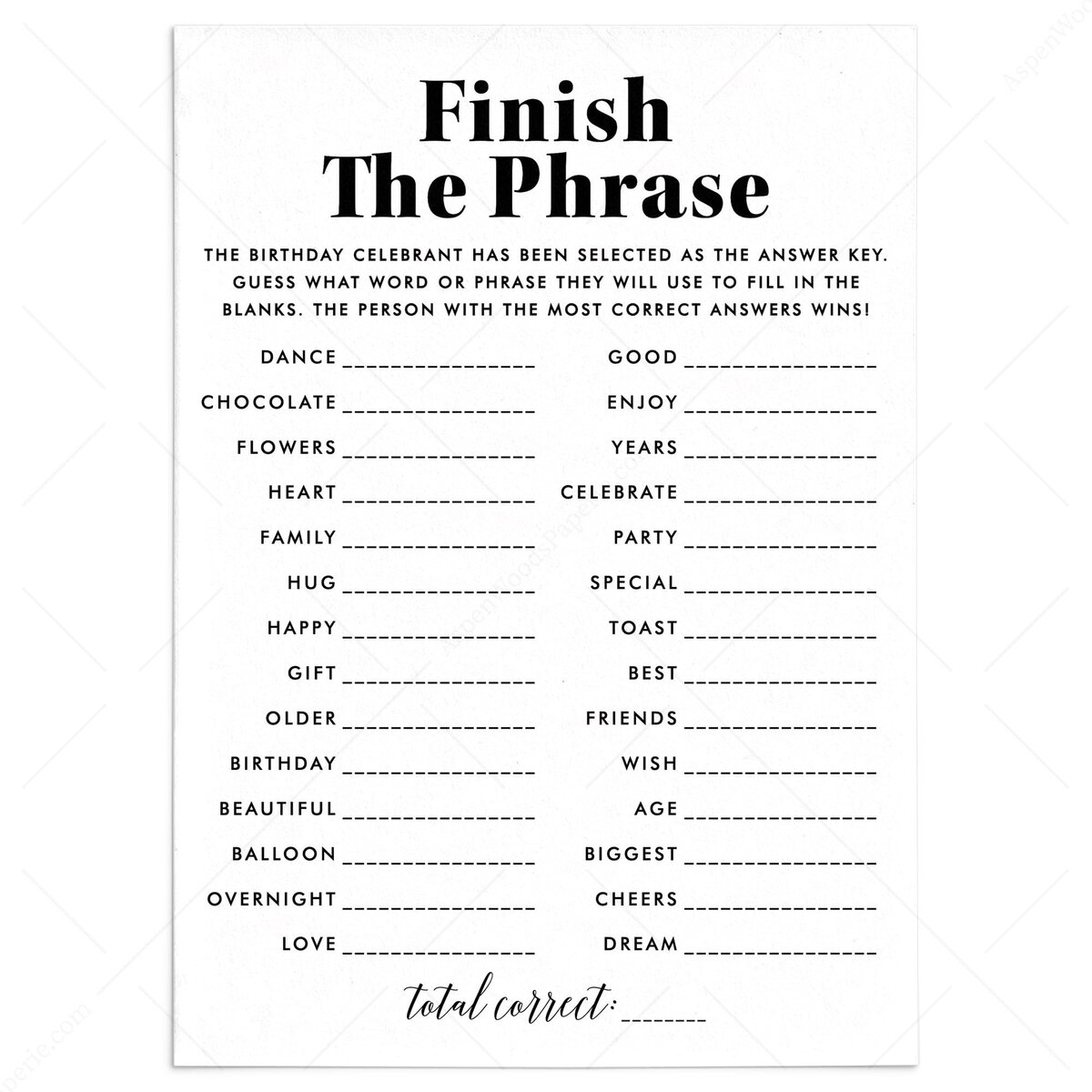 Finish the Phrase Game Printable Birthday Party Games for 12 Year Olds
