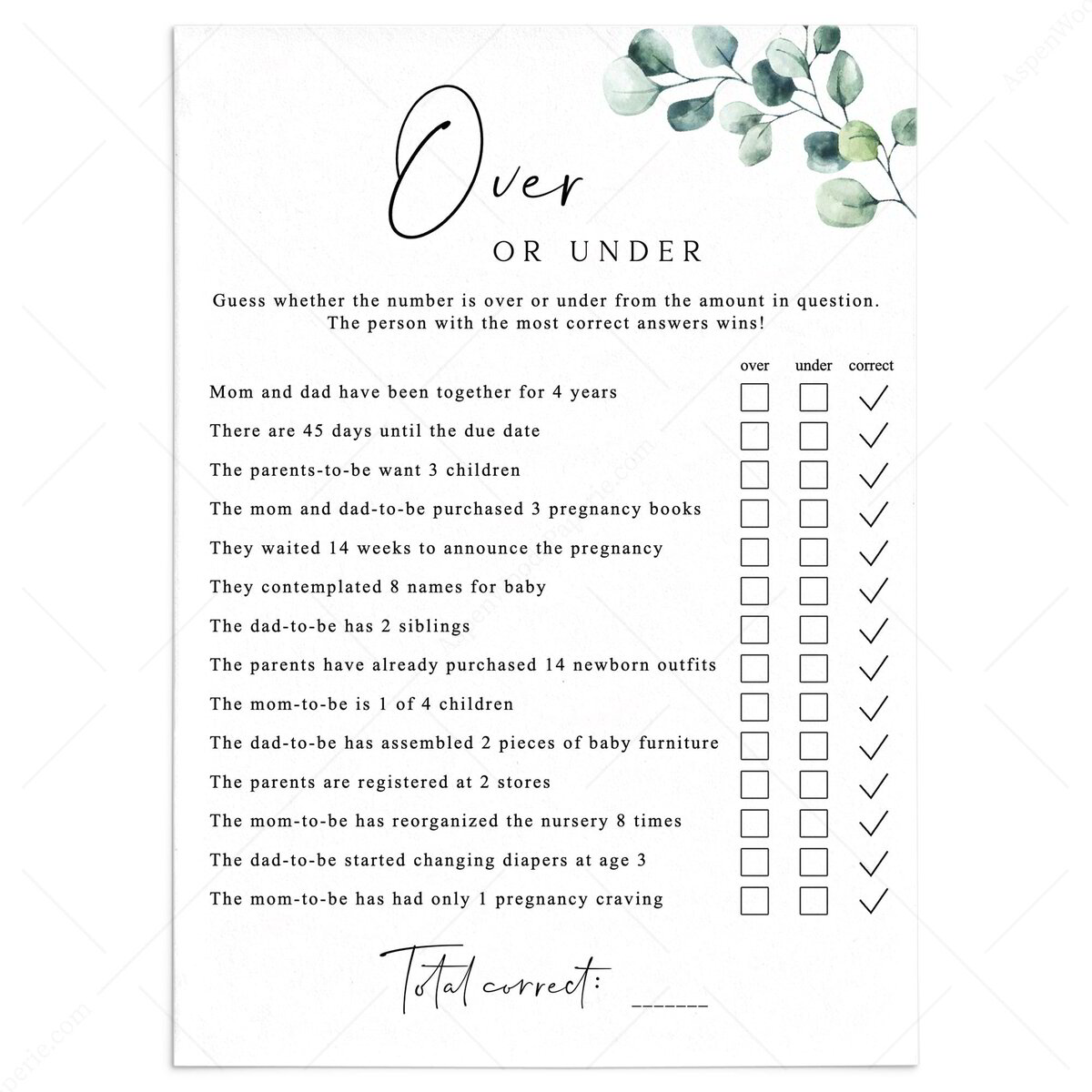 Over or Under Baby Shower Game Greenery Themed Party Activity