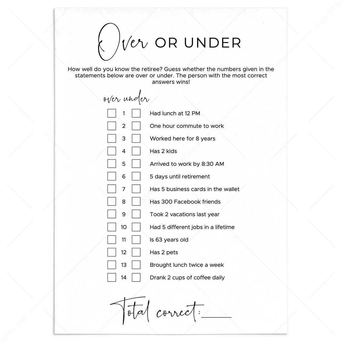 Retirement Party Over or Under Guessing Game | Printable