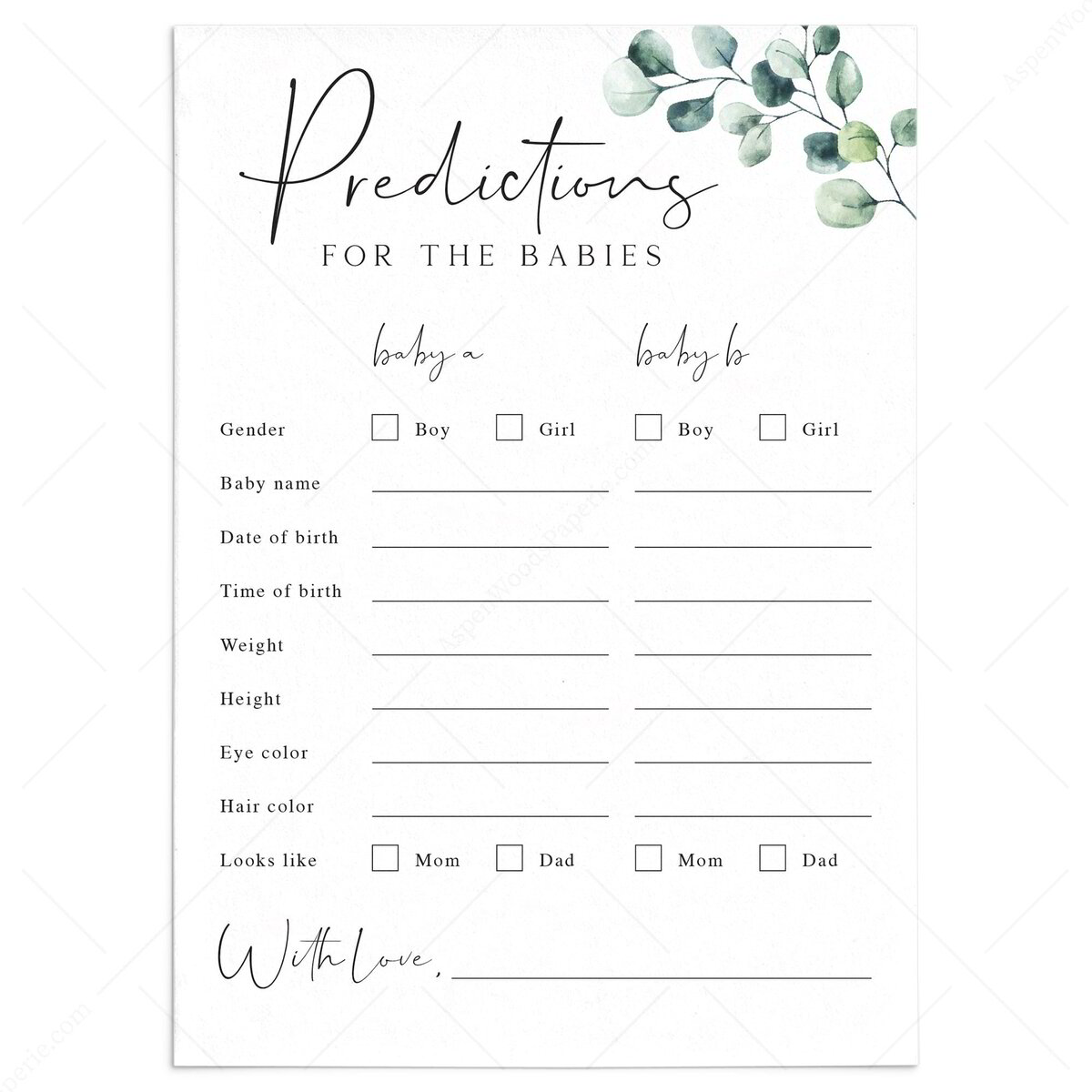 Twin Baby Shower Predictions For The Babies Card Eucalyptus Leaves twin-baby-shower-predictions-for-the-babies-card-eucalyptus-leaves