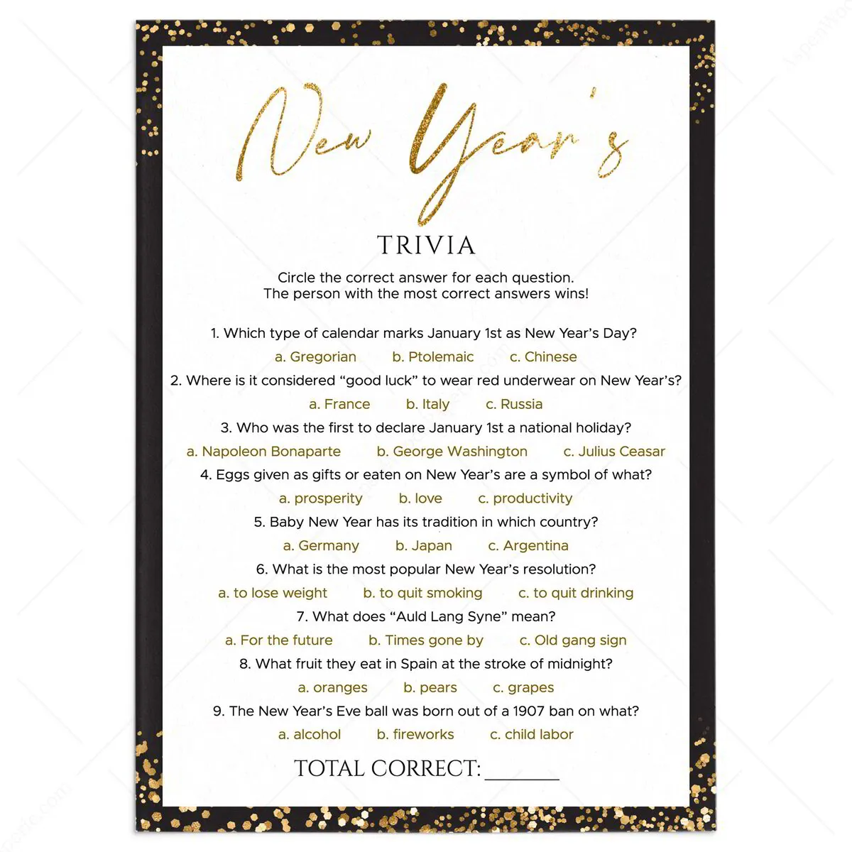 fun quiz questions about new years eve trivia | printable