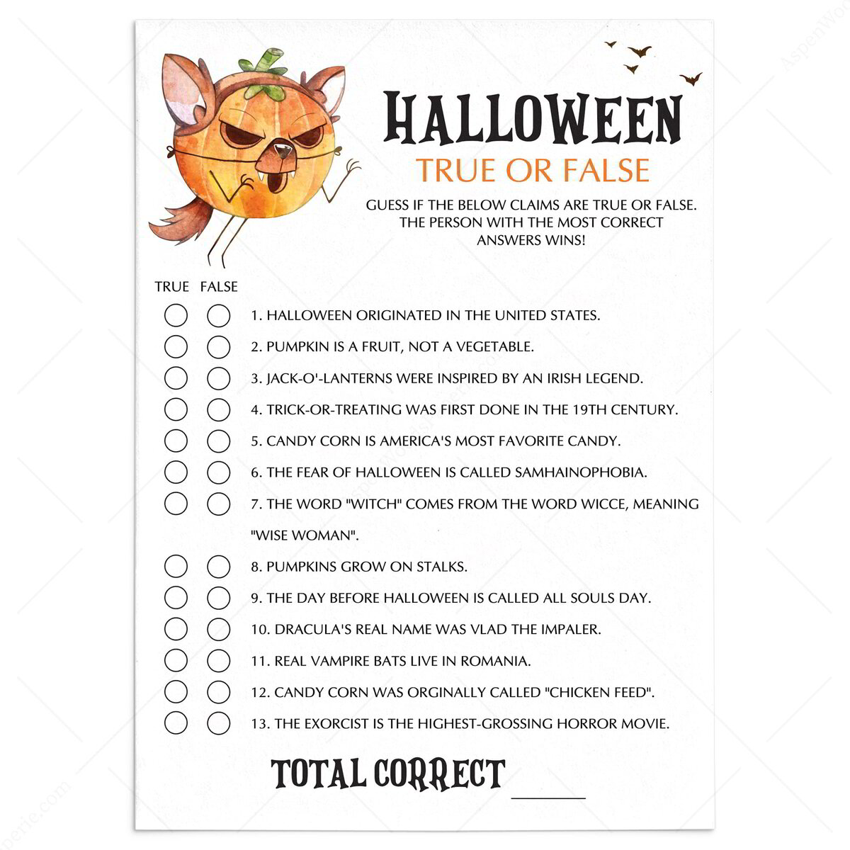 True or False Halloween Party Games for College Students | Printable Game