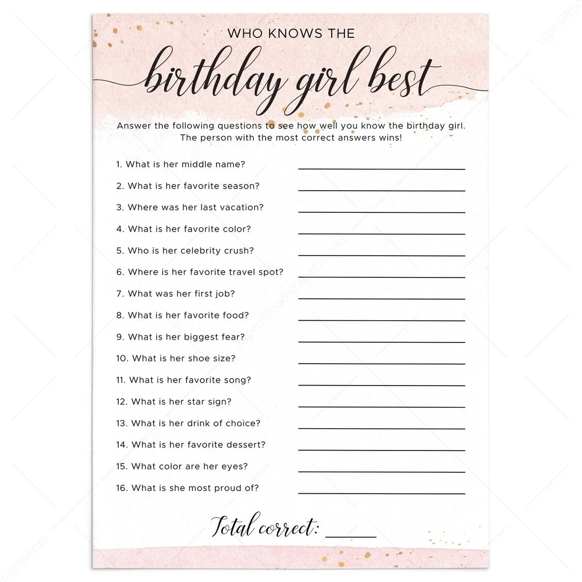 Birthday Girl My Favorite Memory Game Pink and Gold - Main Image