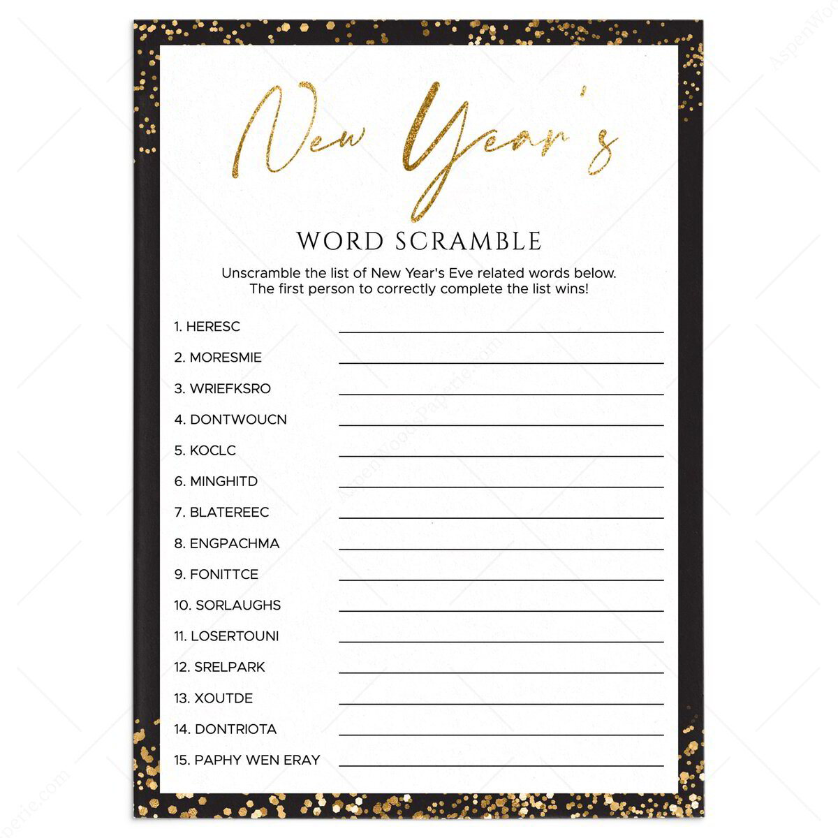 Black and Gold New Years Word Jumble with Answers | Printable black-and-gold-new-years-word-jumble-with-answers-printable