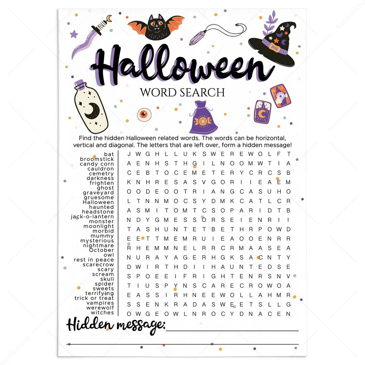 Halloween Word Find Game Printable with Hidden Message | Download Now