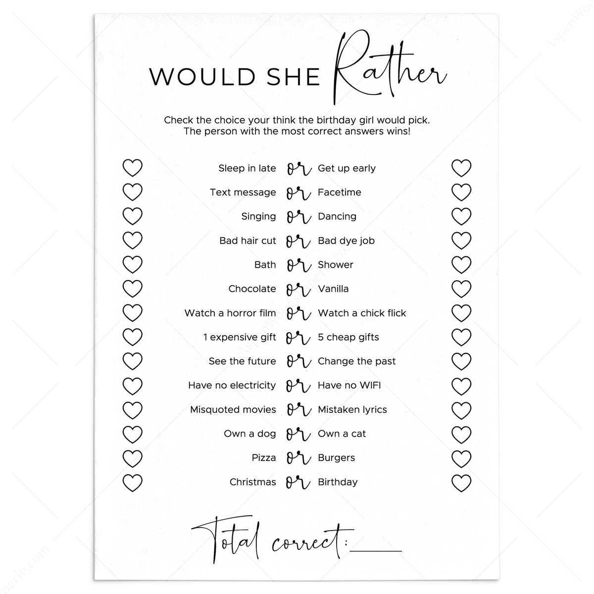 would she rather printable game cards | birthday games