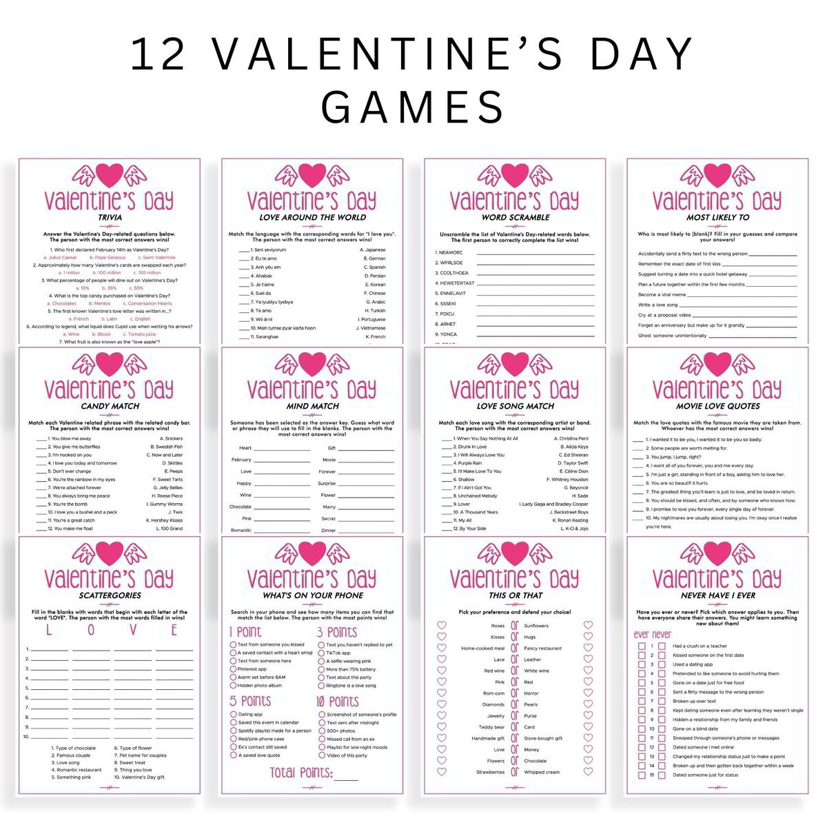 Valentines Day Games Bundle | 12 Printable Games