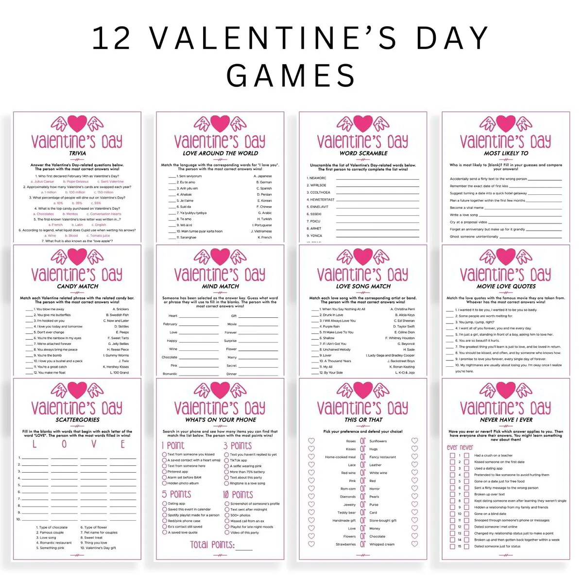 Valentines Day Games Bundle | 12 Printable Games