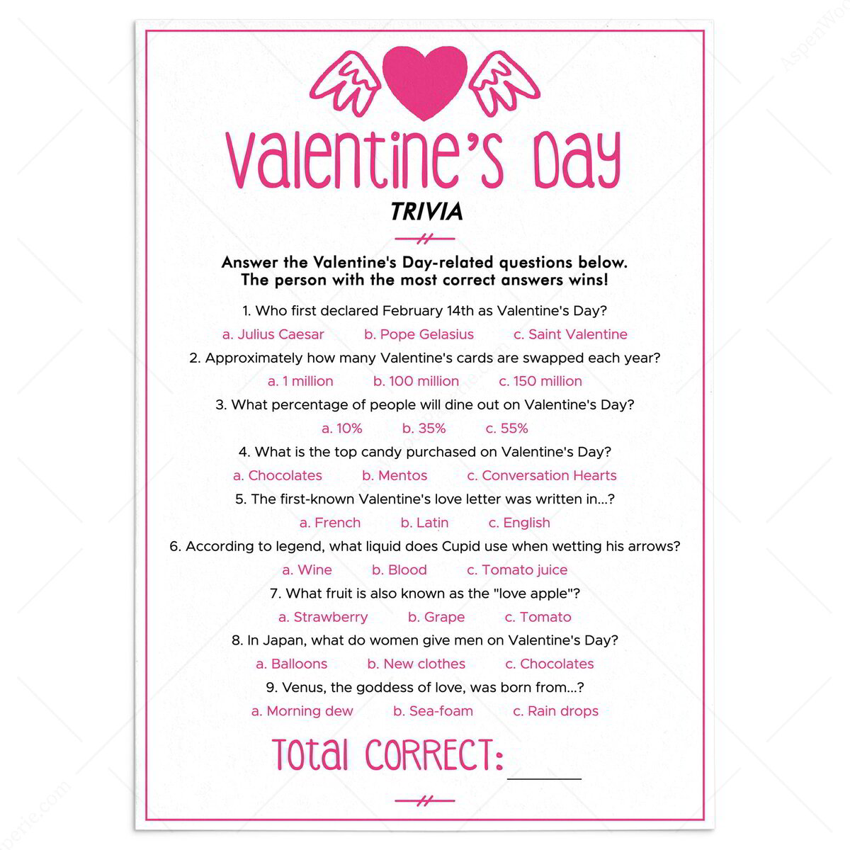 Modern Pink Trivia Valentines Day Edition Quiz | Printable