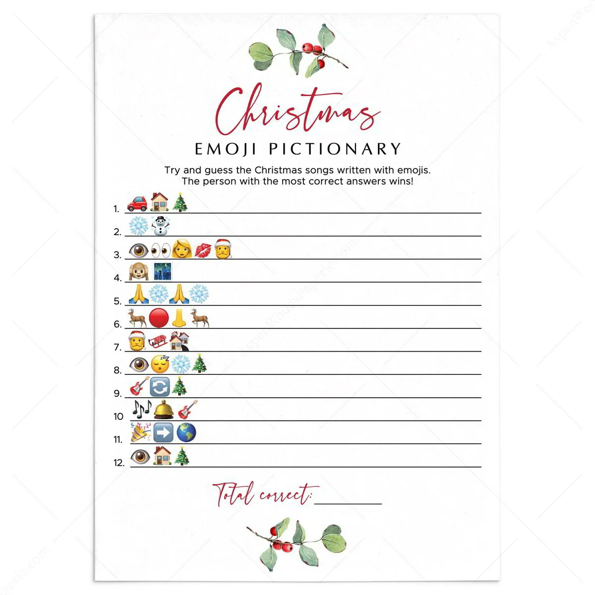 Christmas Song Emoji Game Printable | Greenery Holiday Game for Christmas Song Picture Games Printable Free