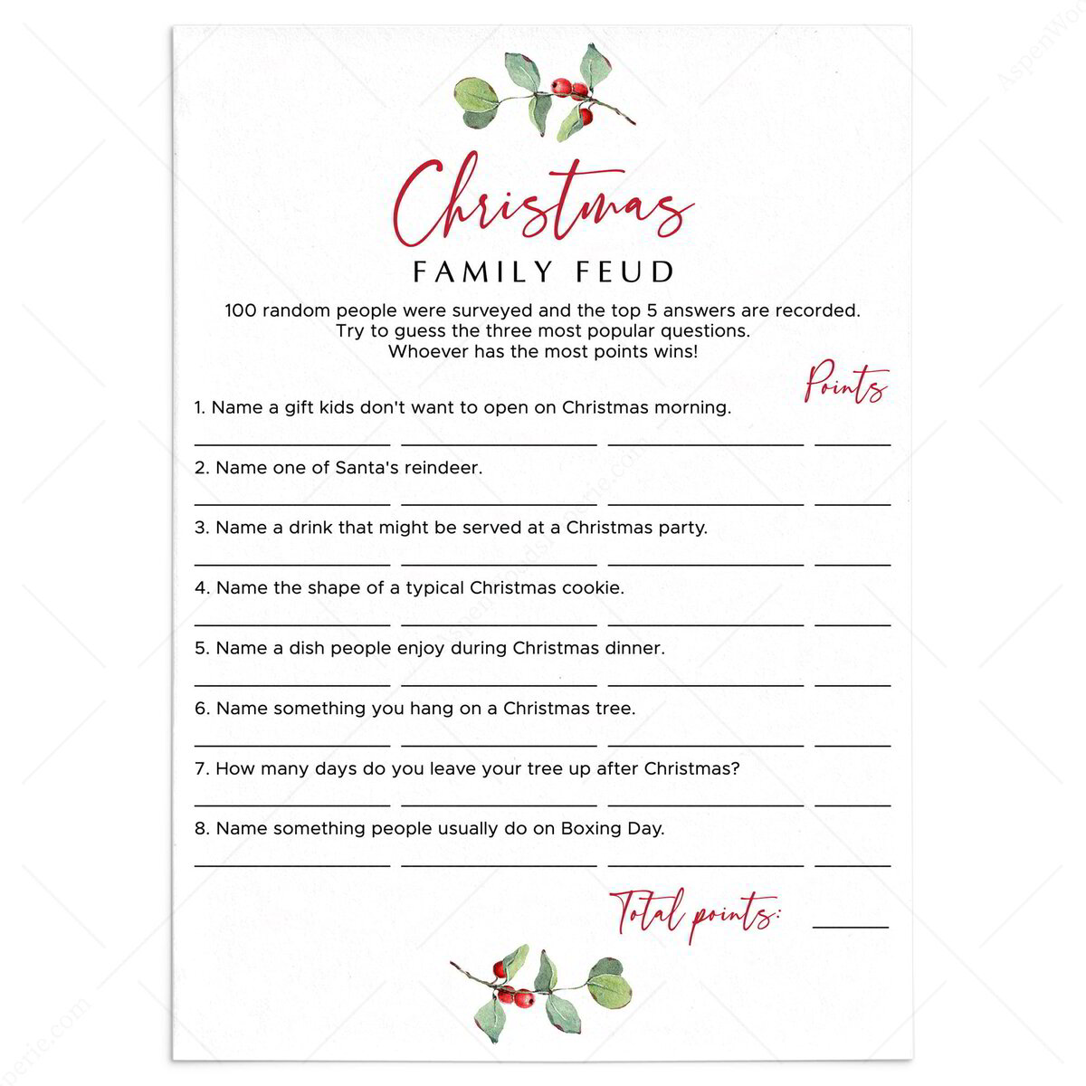Family Feud Christmas Questions and Answers Game | Greenery Theme for Christmas Family Feud Printable Free