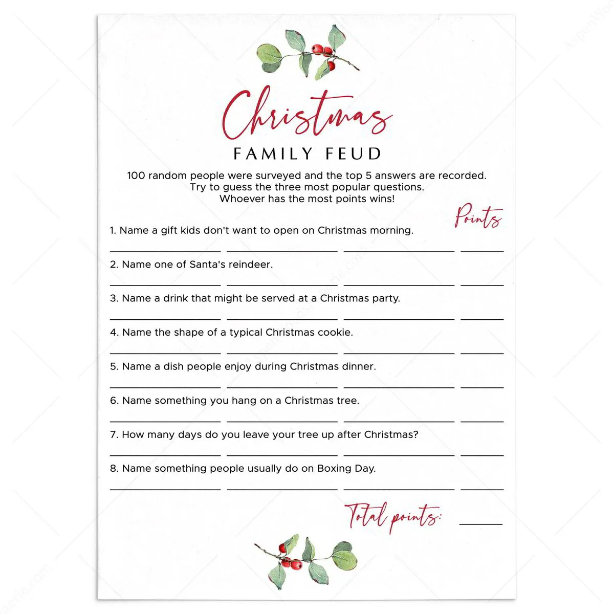 Family Feud Christmas Questions and Answers Game | Greenery Theme for Christmas Printable Free Funny Family Feud Questions And Answers Printable