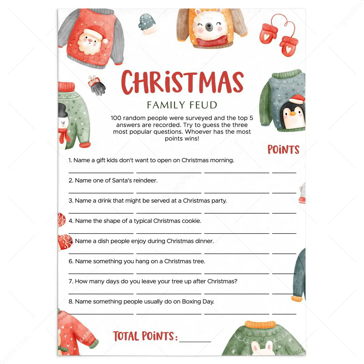 Xmas Family Feud Christmas Questions and Answers | Printable Game for Christmas Printable Free Funny Family Feud Questions And Answers Printable
