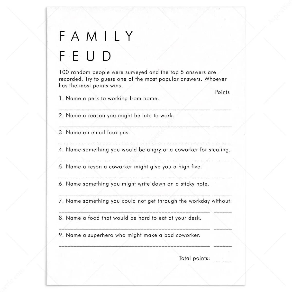 Party Games Office Family Feud Questions and Answers Printable