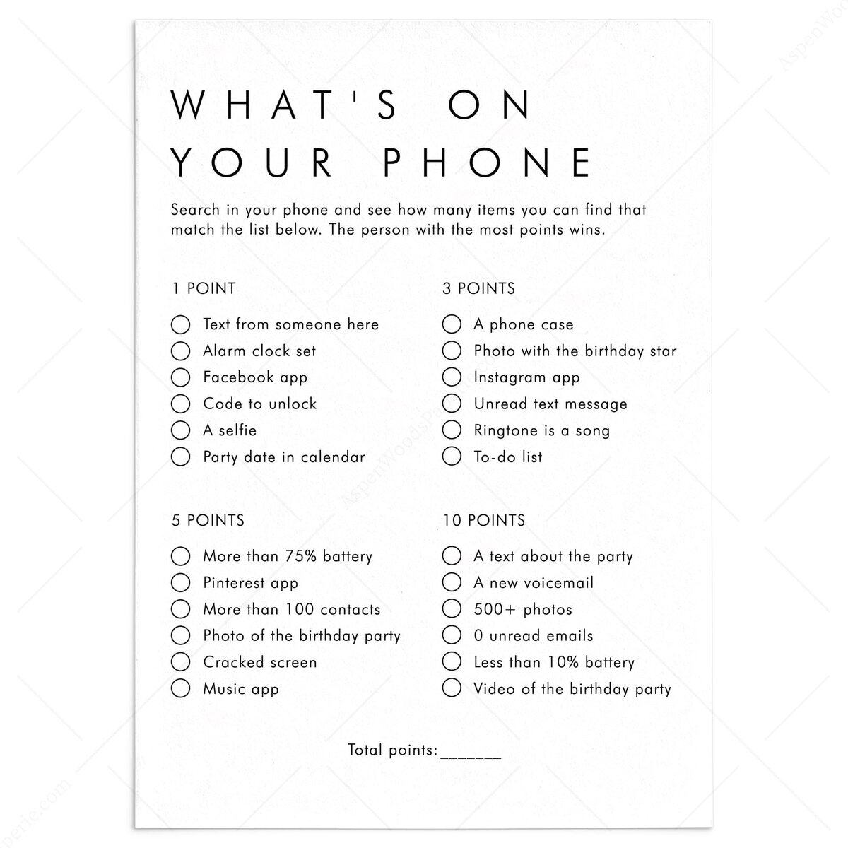 Whats On Your Phone Scavenger Hunt Game | Birthday Bash Idea