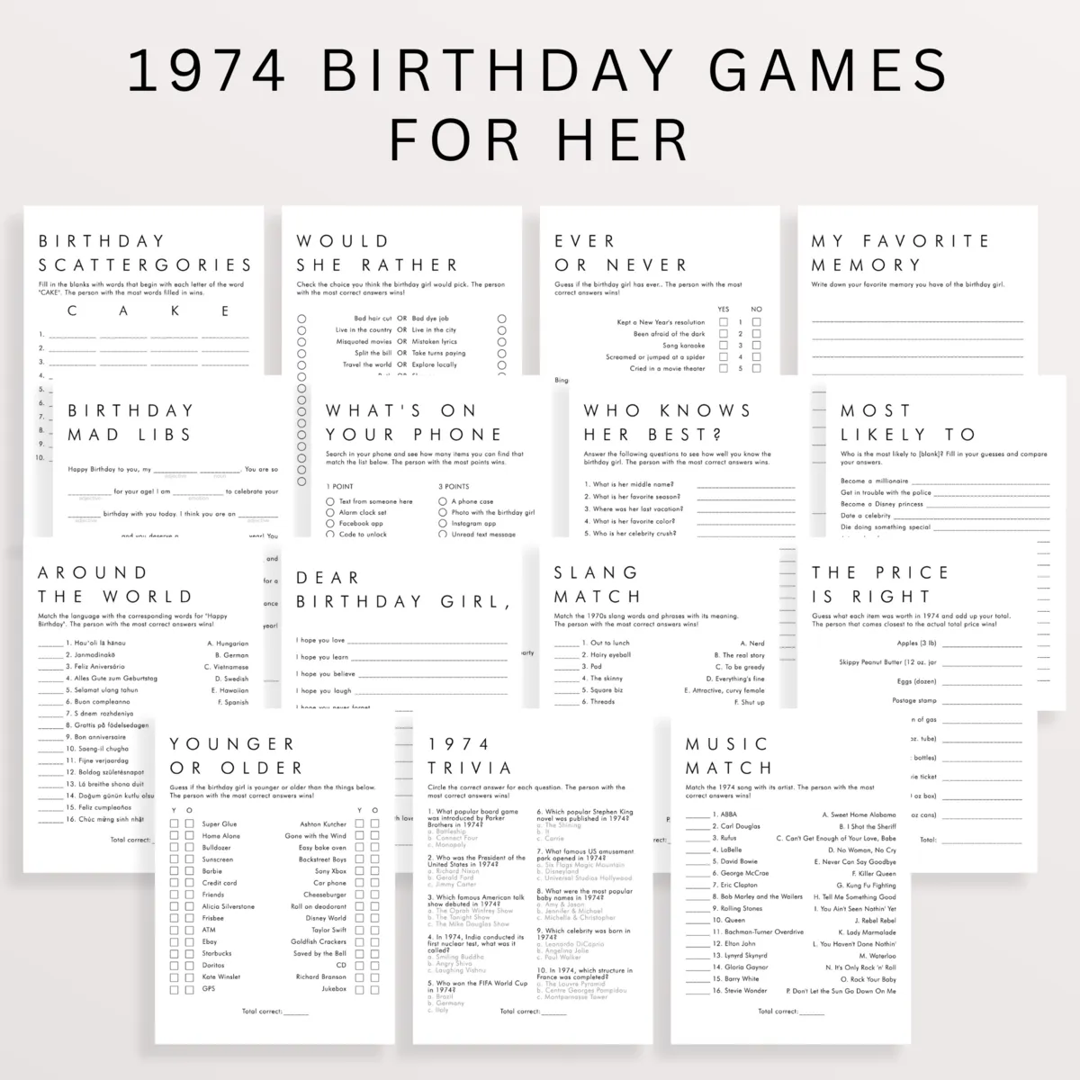 1974 Birthday Party Games Pack for Female Born in 1974