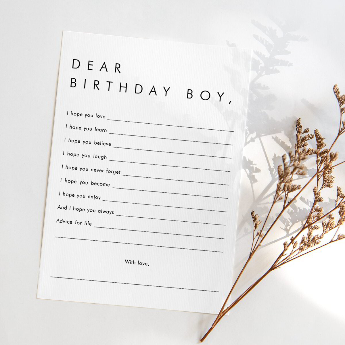 Minimalist Dear Birthday Boy Card Printable | Birthday Keepsakes