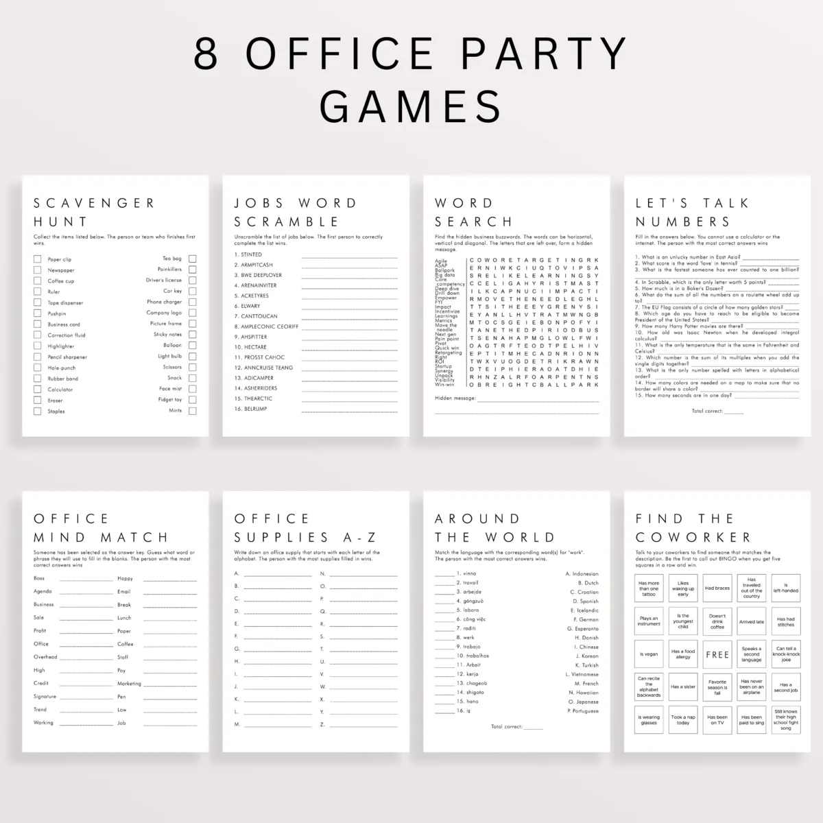 Black and White Party Games Office Bundle Personalizable