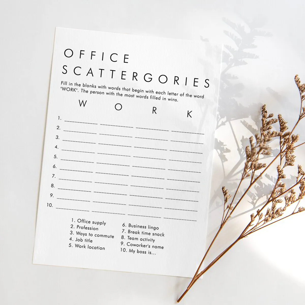 Minimalist Office Scattergories | Work Party Games Printable