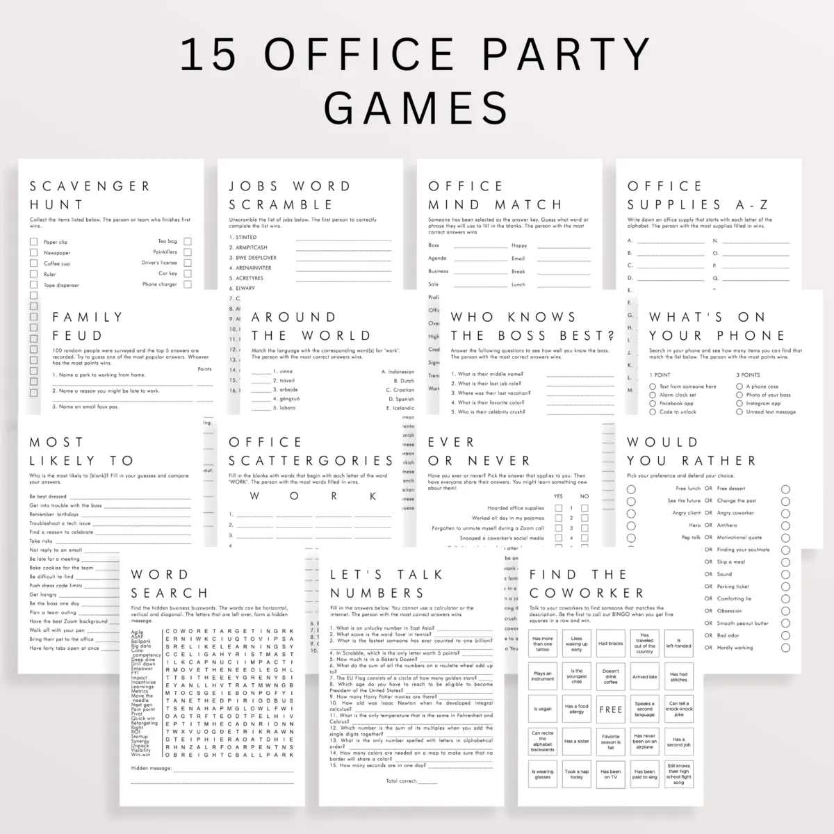 Editable Office Party Games Bundle Minimalist Themed