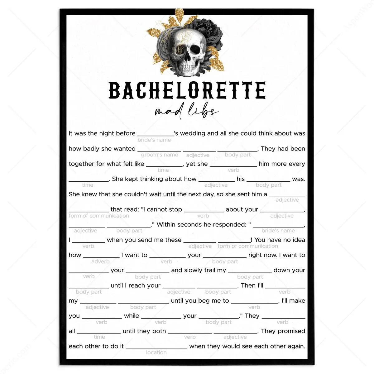 Dirty Bachelorette Mad Libs Game for Goth Bachelorette Party