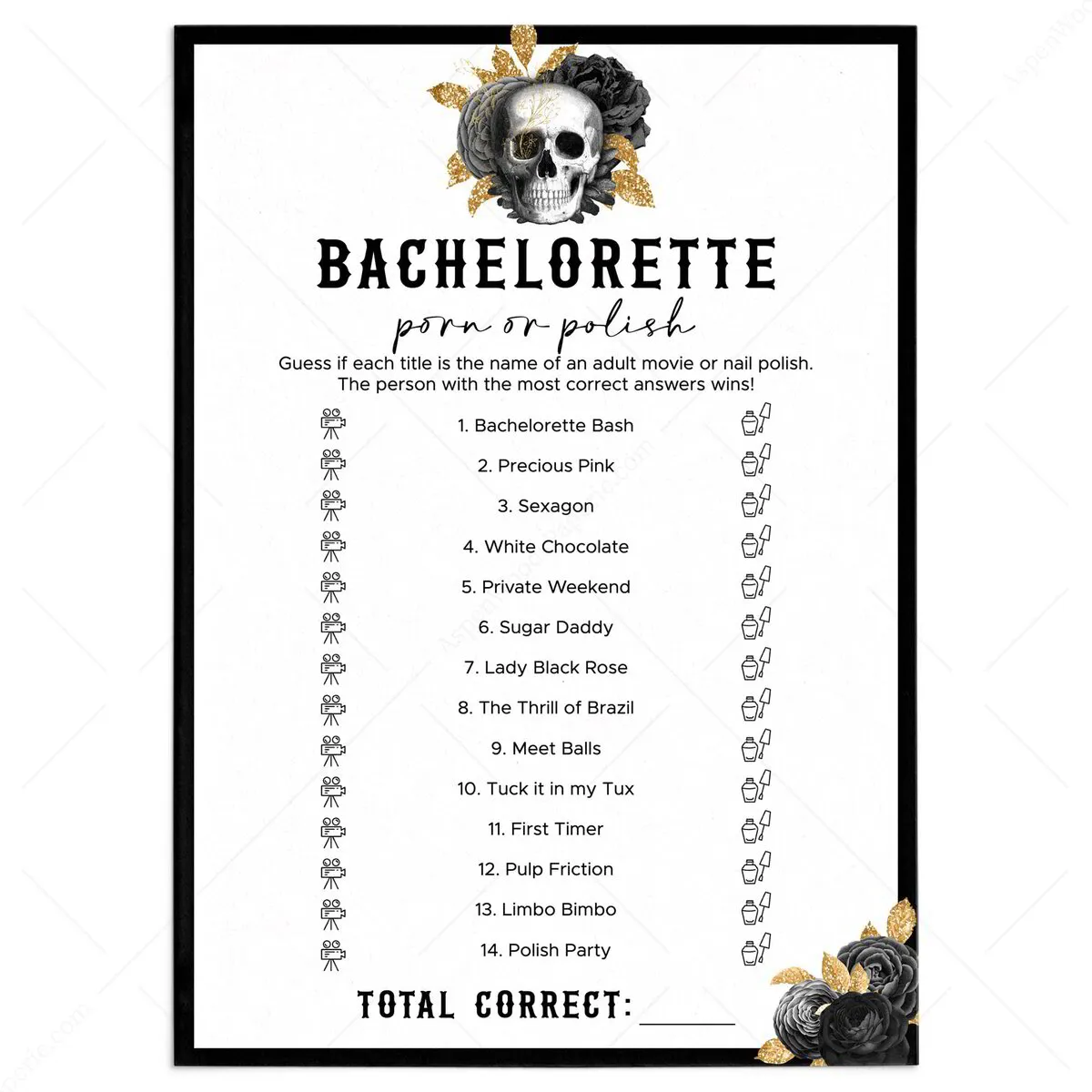 Porn or Polish Game Printable | Halloween Bachelorette Party Ideas