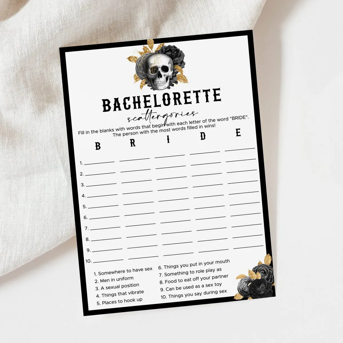 Gothic Bride or Die Bachelorette Scattergories Categories Game | Printable