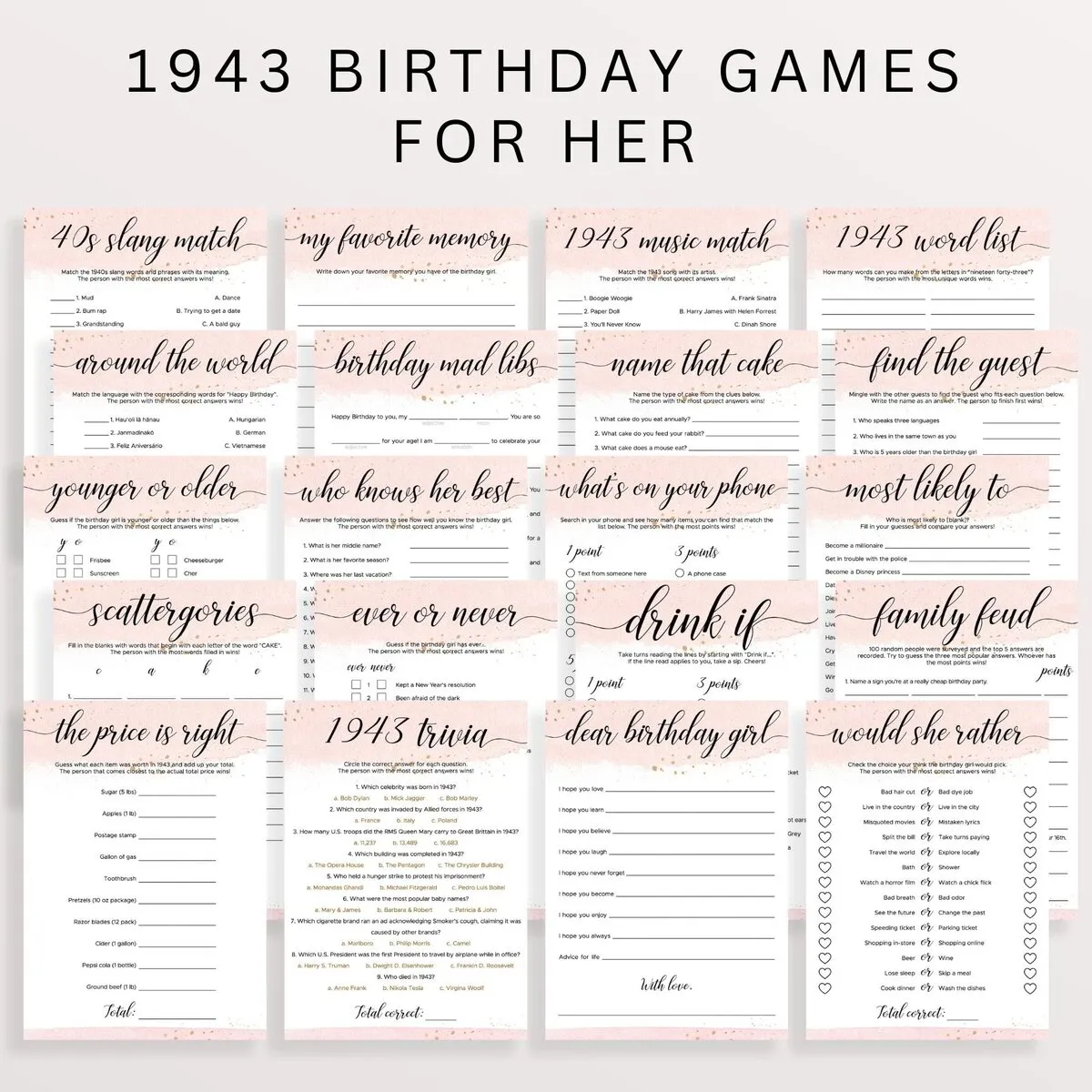 Blush and Gold 1943 Birthday Party Games Editable Templates